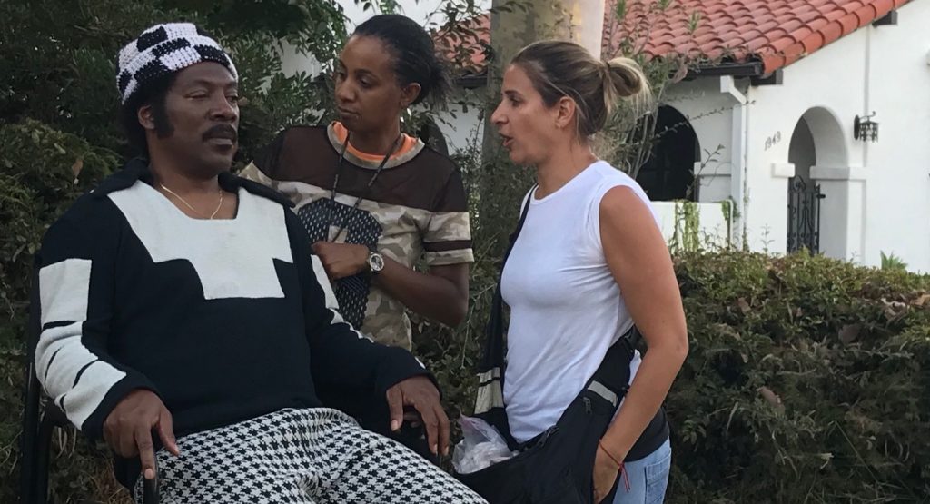 Eddie Murphy, Stacey Morris, and Vera Steimberg on set of 'Dolemite is My Name.' Courtesy of Netflix.