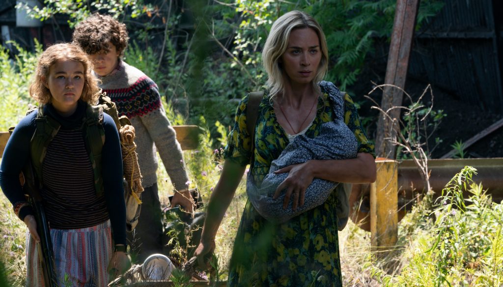 L-r, Regan (Millicent Simmonds), Marcus (Noah Jupe) and Evelyn (Emily Blunt) brave the unknown in 