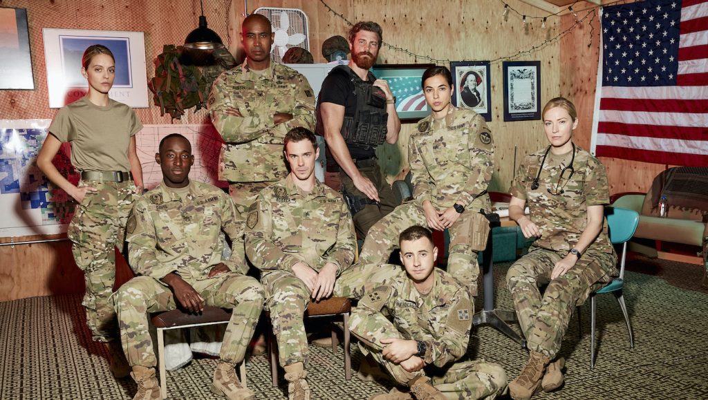 L-r: Gage Golightly as Grace Durkin, Jeremy Tardy as Mekhi Davis, Lamont Thompson as Col. Harlan Austin, Sam Keeley as Cooper Roback, Derek Theler as Sasquatch, Cristina Rodlo as Rosa Alvarez, Nicholas Coombe as Private Anthony Petroceclli, and Beth Riesgraf as Major Sonia Holloway. Courtesy Paramount Network.