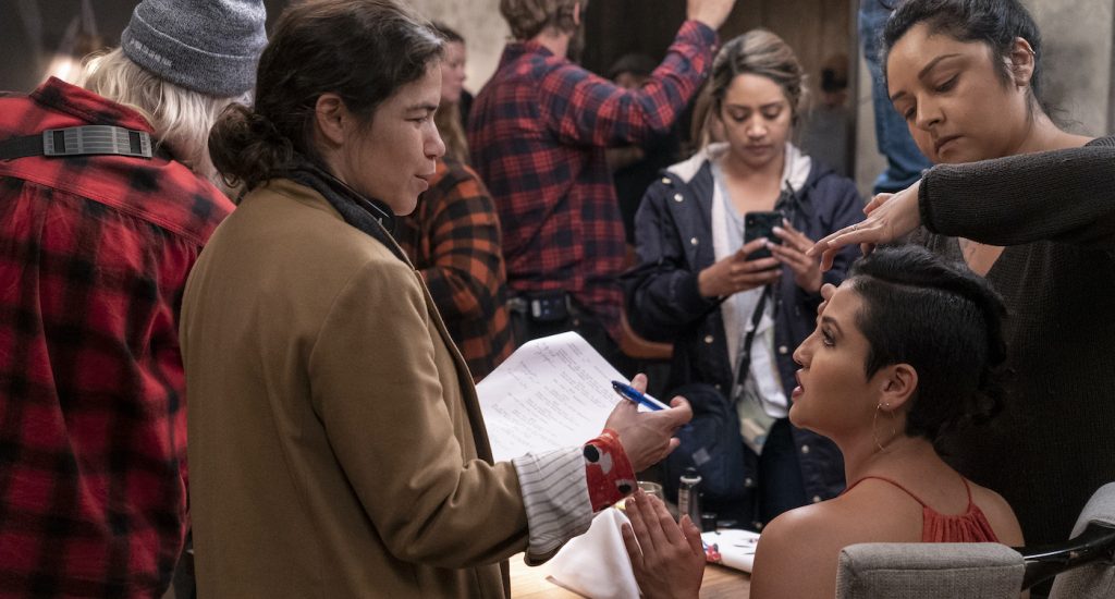 L-r: America Ferrera and Annie Gonzalez on the set of GENTEFIED. Photo by Kevin Estrada/Netflix.