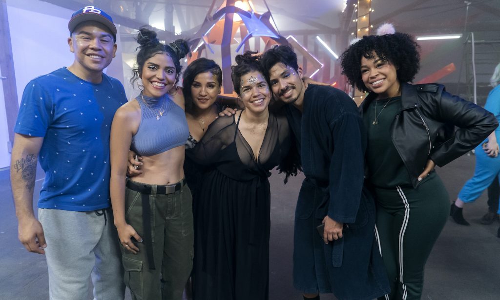 GENTEFIED. Joseph Julian Sorta, Karrie Martin, Annie Gonzalez, America Ferrera, Carlos Santos, Julissa Calderon. Photo credit: Kevin Estrada/NETFLIX.