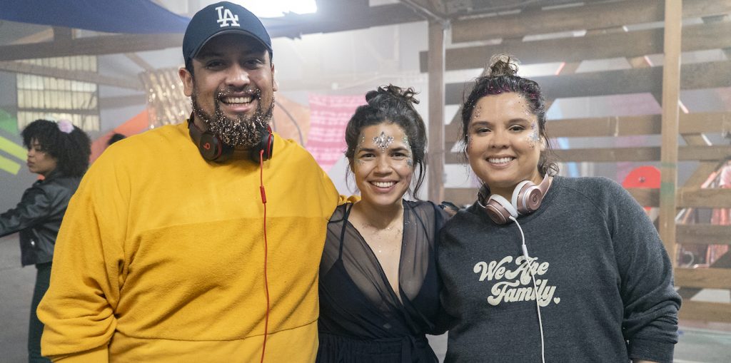 L-r: Marvin Lemus, America Ferrera, and Linda Yvette Chávez on the set of GENTEFIED. Courtesy Netflix.