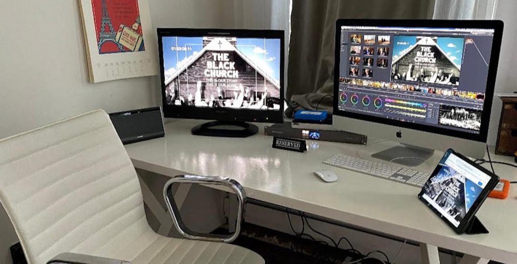 Colorists Jon Fordham's set up at his home allows him to work remotely.