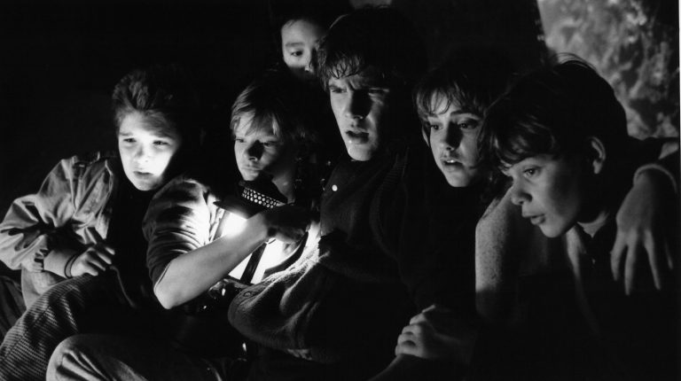From left to right, Corey Feldman, Martha Plimpton, Josh Brolin, Kerri Green and Sean Astin in a cave in a scene from the film 'Goonies', 1985. (Photo by Warner Brothers/Getty Images)
