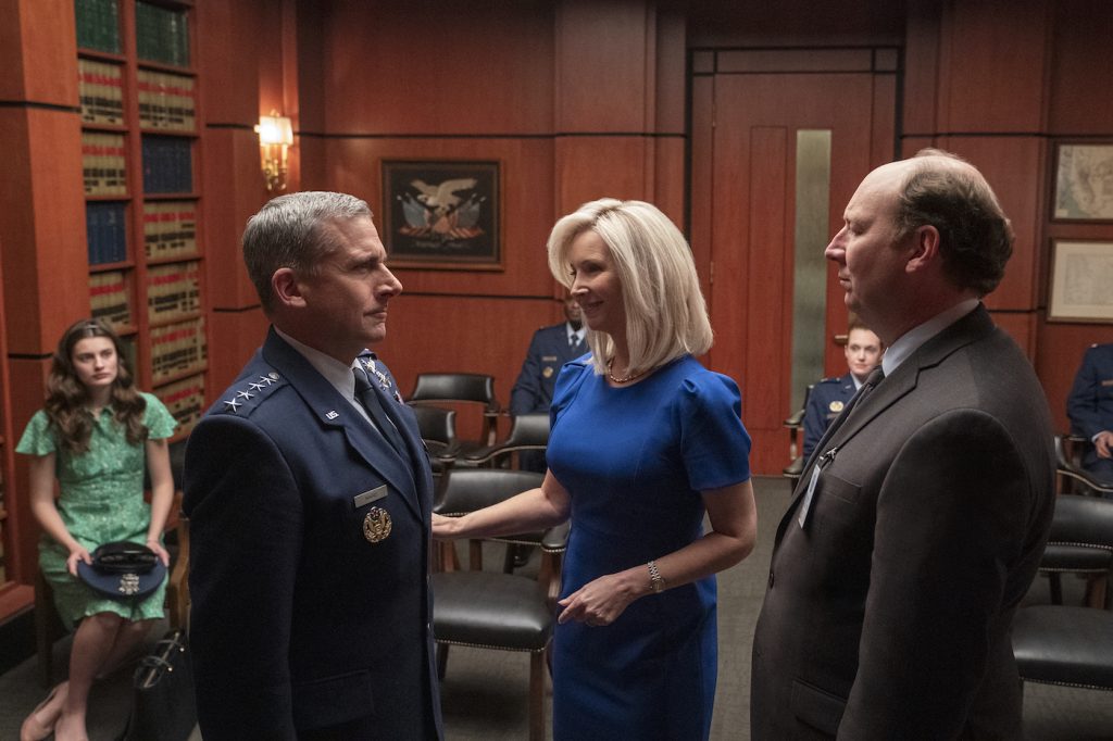 L-r: Steve Carell, Lisa Kudrow, and Dan Bakkedahl in SPACE FORCE. Photo by Aaron Epstein/Netflix