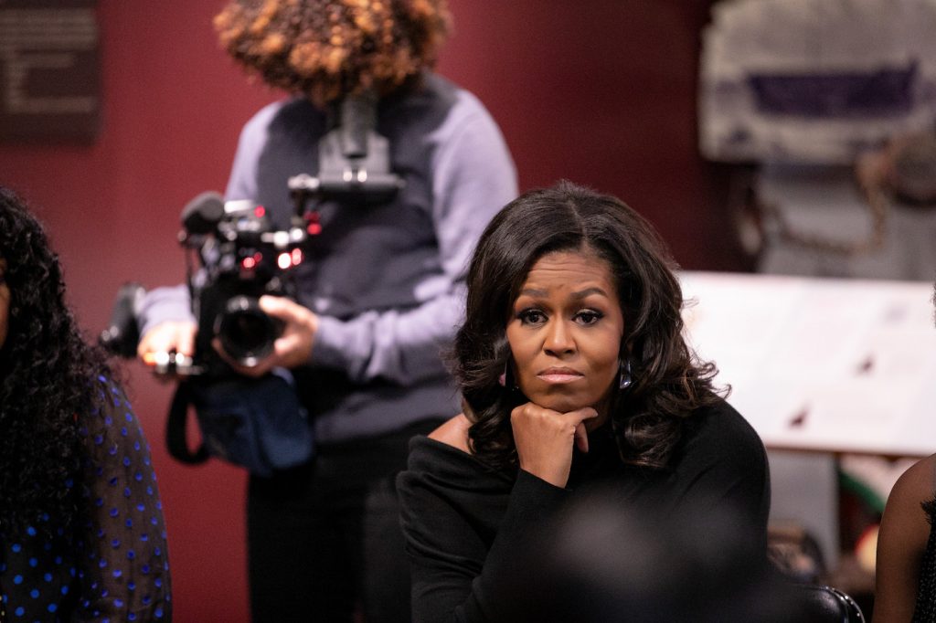 BECOMING (L to R) Director Nadia Hallgren and Michelle Obama in BECOMING. Cr. NETFLIX © 2020. Photo by Isaac Palmisano