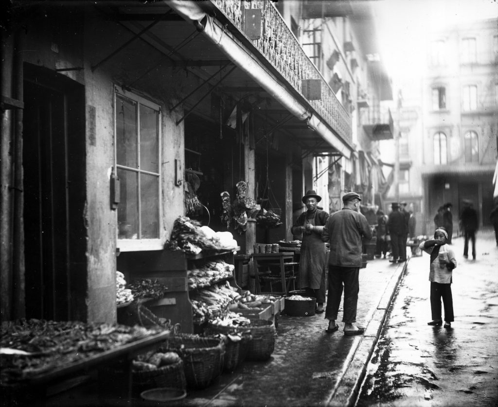 Storefront of Chinatown meat and vegetable market, San Francisco, California, 1895. "ASIAN AMERICANS" premieres May 11, 2020 on PBS. Photo Courtesy of the University of Washington, Special Collections, Hester 11128