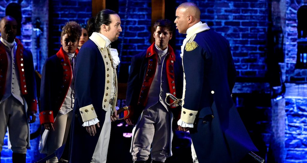 NEW YORK, NY - JUNE 12: Lin-Manuel Miranda and Christopher Jackson of 'Hamilton' perform onstage during the 70th Annual Tony Awards at The Beacon Theatre on June 12, 2016 in New York City. (Photo by Theo Wargo/Getty Images for Tony Awards Productions)