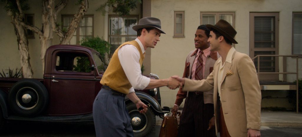 HOLLYWOOD: (L to R) DAVID CORENSWET as JACK CASTELLO, JEREMY POPE as ARCHIE COLEMAN, and DARREN CRISS as RAYMOND AINSLEY in Episode 102 of HOLLYWOOD Cr. COURTESY OF NETFLIX © 2020