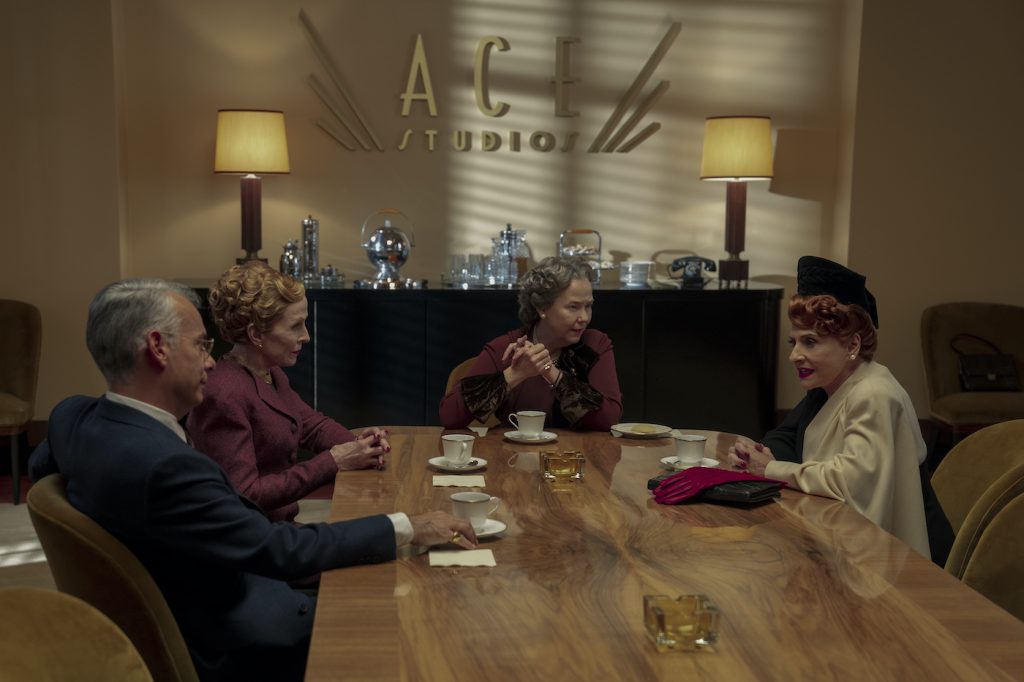 HOLLYWOOD: (L to R) JOE MANTELLO as DICK SAMUELS, HOLLAND TAYLOR as MISS ELLEN KINCAID, HARRIET SANSOM HARRIS as ELEANOR ROOSEVELT, and PATTI LUPONE as AVIS AMBERG in Episode 104 of HOLLYWOOD Cr. SAEED ADYANI/NETFLIX © 2020