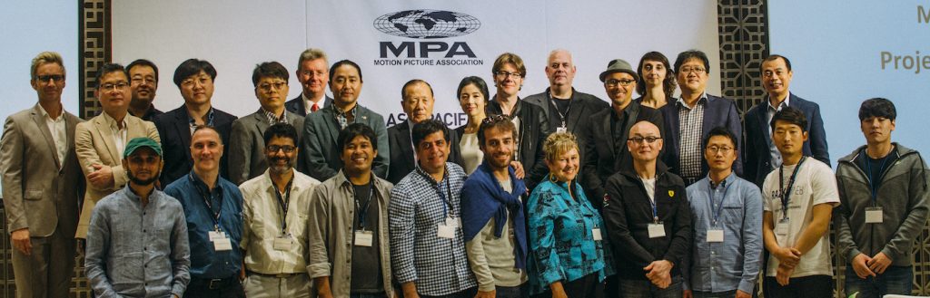 Youn Sung-eun (top middle) moderated the MPA / Asia Pacific Screen Awards / Busan International Film Festival Pitch Competition in Busan in 2015. 