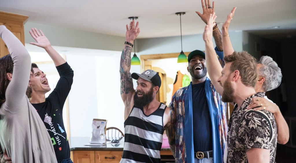 QUEER EYE (L to R) JONATHAN VAN NESS, ANTONI POROWSKI, RYAN DYER, KARAMO BROWN, BOBBY BERK, and TAN FRNACE in episode 506 of QUEER EYE. Cr. RYAN COLLERD/NETFLIX © 2020