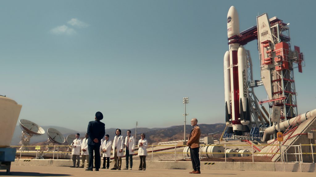 SPACE FORCE (L TO R) STEVE CARELL as GENERAL MARK R. NAIRD, JIMMY O. YANG as DR. CHAN KAIFANG, and JOHN MALKOVICH as DR. ADRIAN MALLORY in episode 101 of SPACE FORCE Cr. Courtesy of Netflix © 2020