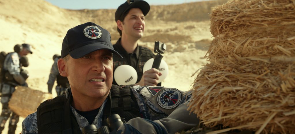 SPACE FORCE (L TO R) STEVE CARELL as GENERAL MARK R. NAIRD and BEN SCHWARTZ as F. TONY SCARAPIDUCCI in episode 105 of SPACE FORCE Cr. Courtesy of Netflix © 2020