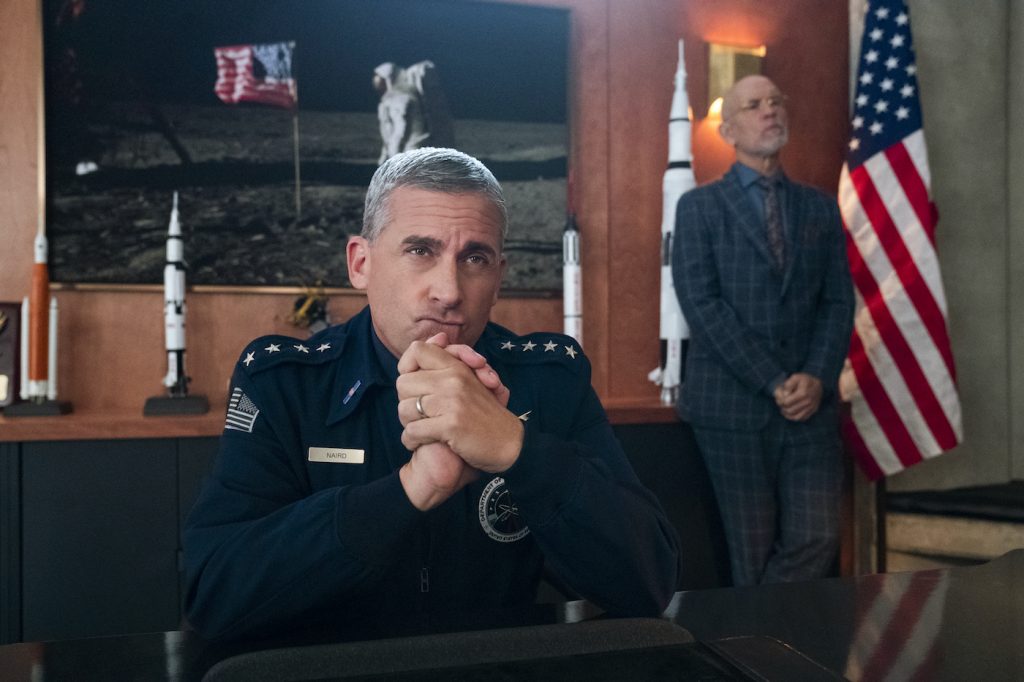 SPACE FORCE (L TO R) STEVE CARELL as GENERAL MARK R. NAIRD and JOHN MALKOVICH as DR. ADRIAN MALLORY in episode 106 of SPACE FORCE Cr. AARON EPSTEIN/NETFLIX © 2020