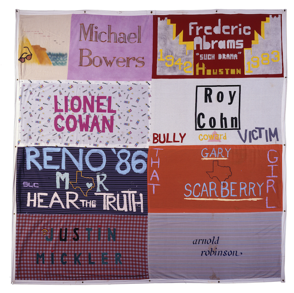 Photograph of the AIDS quilt with Roy Cohn’s name and the words “Bully, Coward, Victim." Photograph by Courtesy of The NAMES Project/HBO