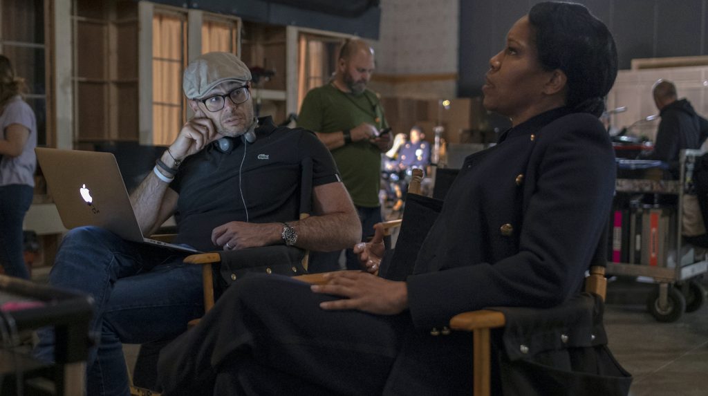 Damon Lindelof and Regina King on the set of 'Watchmen.' Photograph by Mark Hill