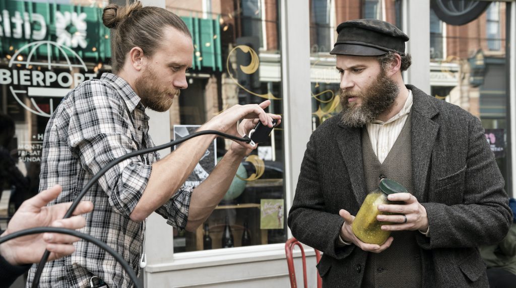 Director Brandon Trost and Seth Rogen on the set of 'An American Pickle.' Courtesy Warner Bros.