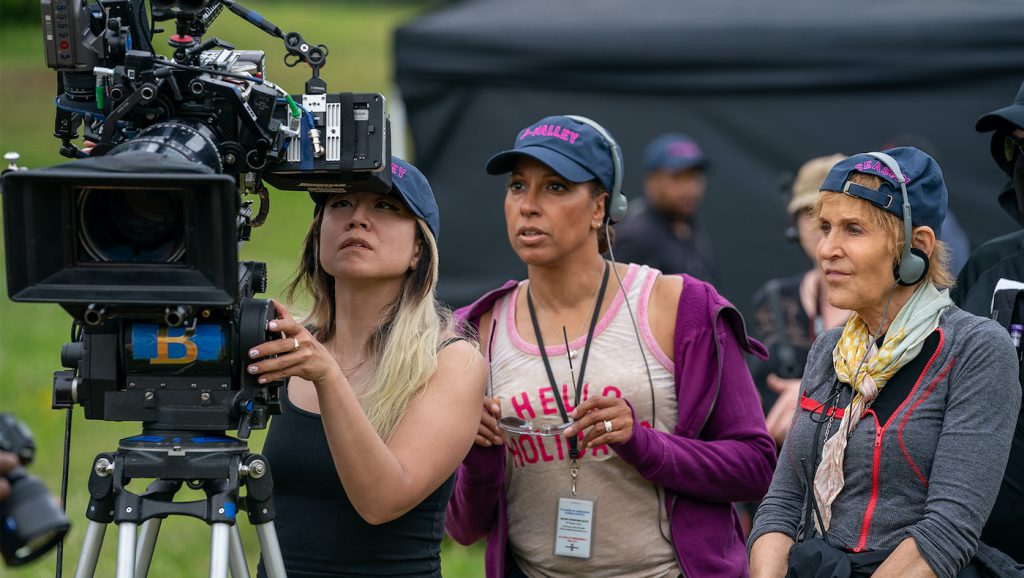 Cinematographer Nancy Schreiber (far right) on the set of P-Valley. Courtesy Starz