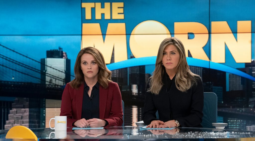L-r: Reese Witherspoon and Jennifer Aniston in 'The Morning Show.' Courtesy Apple.