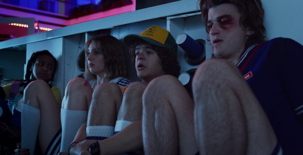 L-r: Priah Ferguson, Maya Hawke, Gaten Matarazzo, and Joe Keery in Stranger Things. Courtesy Netflix.