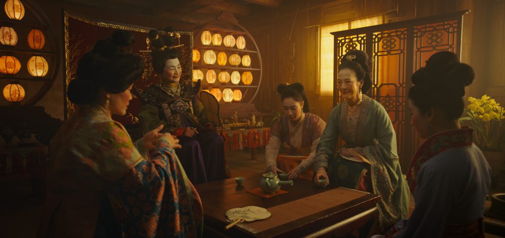 L to R: Jo Lo as Fong Lin, Pei-Pei Cheng as Matchmaker, Xana Tang as Xiu, Rosalind Chao as Li Yifei Liu as Mulan in Disney's MULAN. Photo: Film Frame. © 2020 Disney Enterprises, Inc. All Rights Reserved.