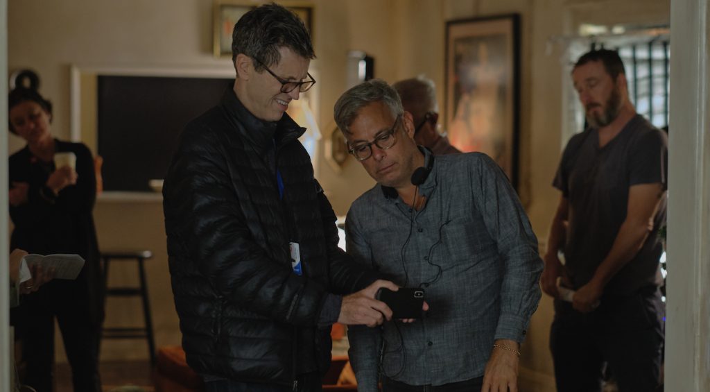 Director of Photography Bill Pope and director Joe Mantello. Cr. Scott Everett White/NETFLIX ©2020