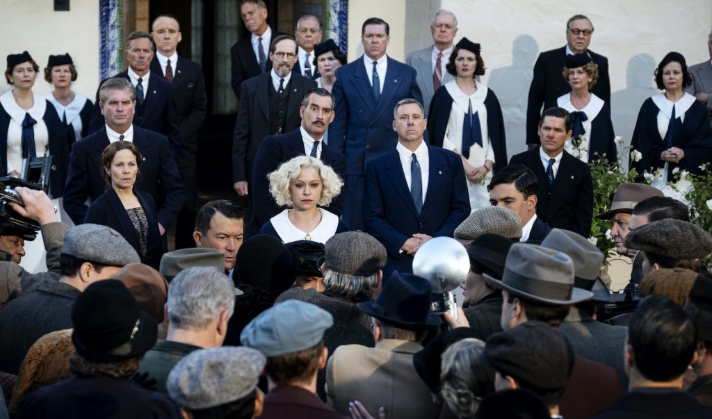 Sister Alice (Tatiana Maslany) outside L.A. City Hall’s west entrance in Episode 4, surrounded by a good variety of the 200 extras: press, press photographers, church elders & acolytes and everyday pedestrians. Courtesy HBO