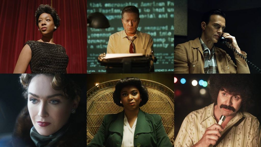 Clockwise, l-r: Samira Wiley as Lorraine Hannsberry, Anthony Rapp as Harry Hay, Cheyenne Jackson as Dale Jennings, Jamie Clayton as Christine Jorgensen, Alexandra Grey as Lucy Hicks Anderson, and Gale Harold as Howard Smith. Courtesy HBO Max.