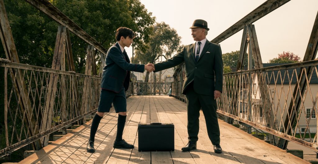 THE UMBRELLA ACADEMY (L to R) AIDAN GALLAGHER as NUMBER FIVE and SEAN SULLIVAN as OLD MAN FIVE in episode 209 of THE UMBRELLA ACADEMY Cr. CHRISTOS KALOHORIDIS/NETFLIX © 2020