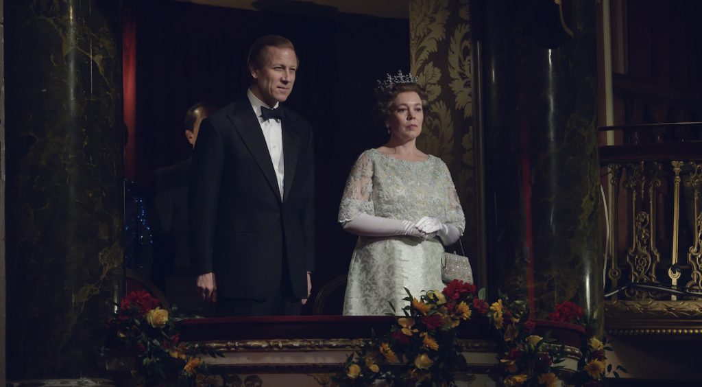 Prince Philip (TOBIAS MENZIES) and Queen Elizabth II (OLIVIA COLMAN). Photo by Alex Bailey.