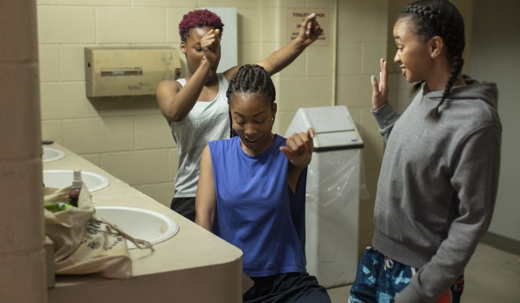 GRAND ARMY (L to R) BRITTANY ADEBUMOLA as TAMIKA JONES, ODLEY JEAN as DOMINIQUE PIERRE and NAIYA ORTIZ as SONIA CRUZ in episode 101 of GRAND ARMY. Cr. JASPER SAVAGE/NETFLIX © 2020