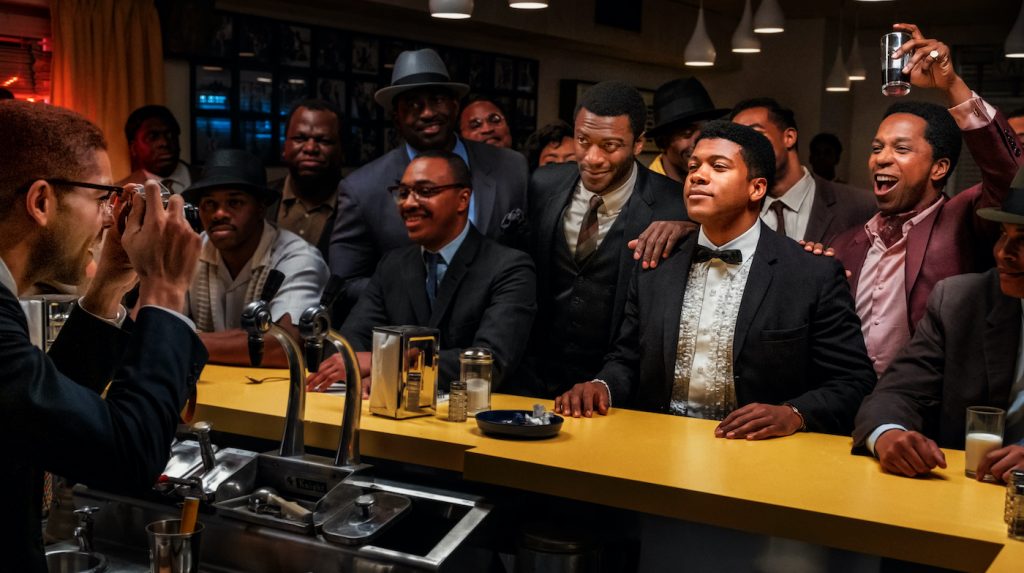 (L-R) Leslie Odom Jr., Eli Goree, Kingsley Ben-Adir and Aldis Hodge star in ONE NIGHT IN MIAMI. Photo Credit: Patti Perret