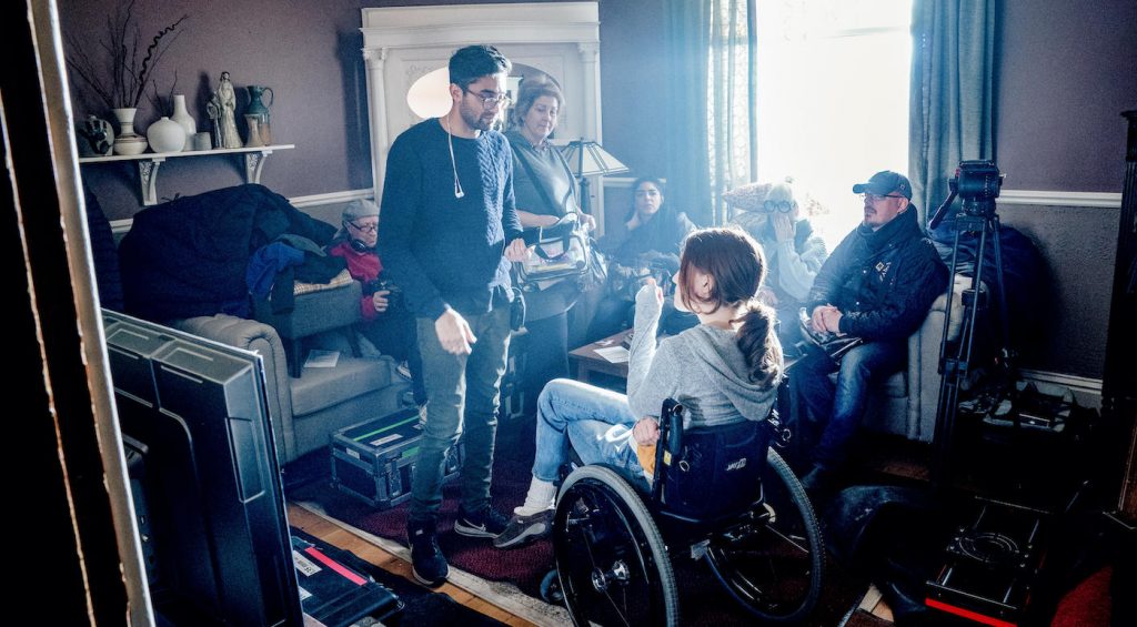 Director Aneesh Chaganty and Chloe (Kiera Allen), shown. (Photo by: Allen Fraser/Hulu)