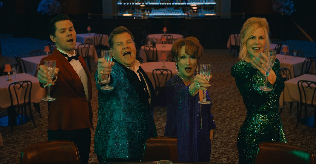 THE PROM (L to R) ANDREW RANNELLS as TRENT OLIVER, JAMES CORDEN as BARRY GLICKMAN, MERYL STREEP as DEE DEE ALLEN, NICOLE KIDMAN as ANGIE DICKINSON THE PROM. Cr. NETFLIX © 2020