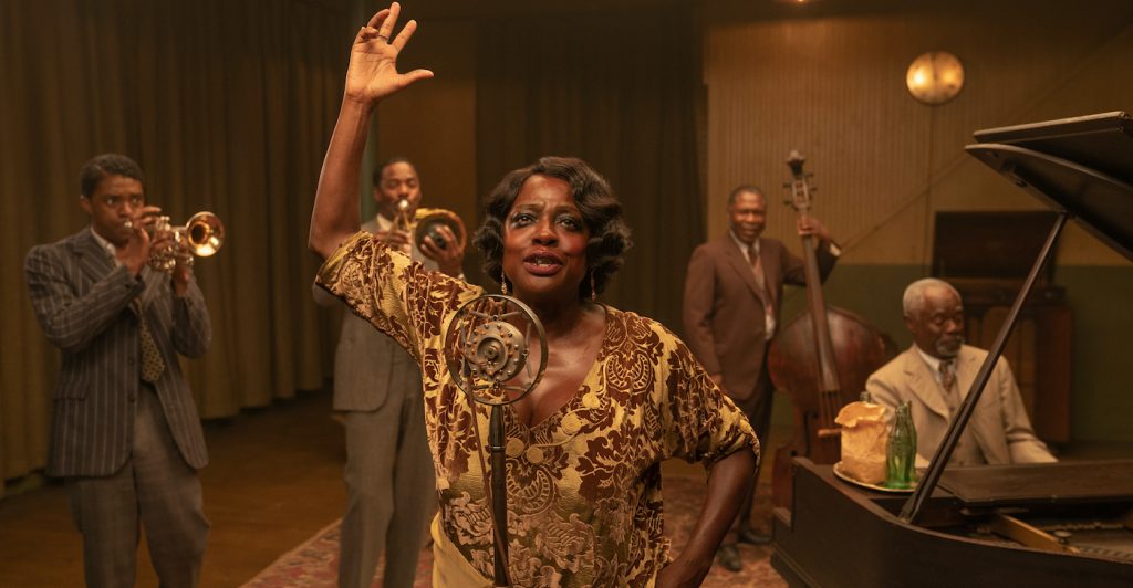 Ma Rainey's Black Bottom (2020): (L to R) Glynn Turman as Toldeo, Chadwick Boseman as Levee, Michael Potts as Slow Drag, and Colman Domingo as Cutler. Cr. David Lee / Netflix