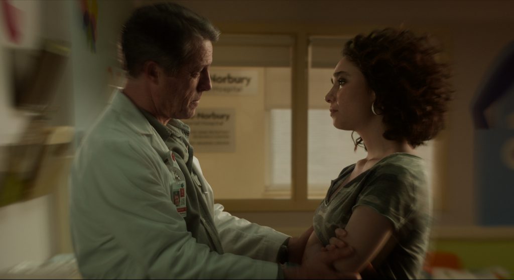 Screen image of Hugh Grant with actress Matilda de Angelis captured using a Swing/Shift lens. The device allows part of the image to be out of focus, while another part is kept sharp (Courtesy HBO)