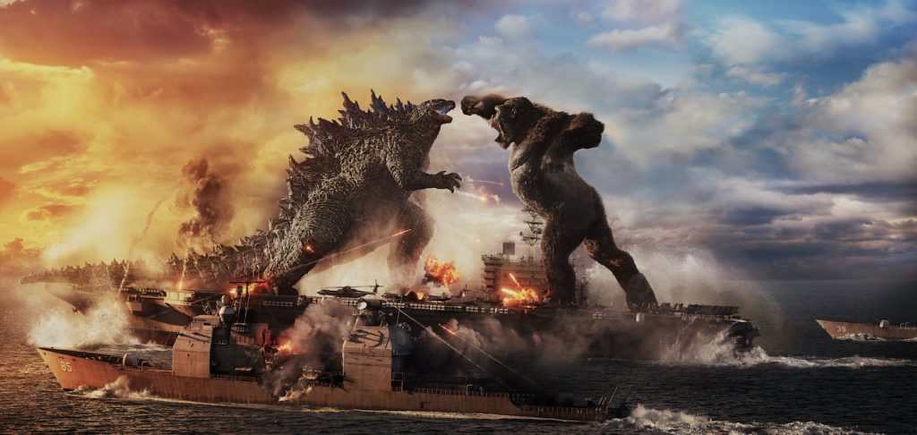 Caption: (L-r) GODZILLA battles KONG in Warner Bros. Pictures’ and Legendary Pictures’ action adventure “GOZILLA VS. KONG,” a Warner Bros. Pictures and Legendary Pictures release. Photo Credit: Courtesy of Warner Bros. Pictures and Legendary Pictures