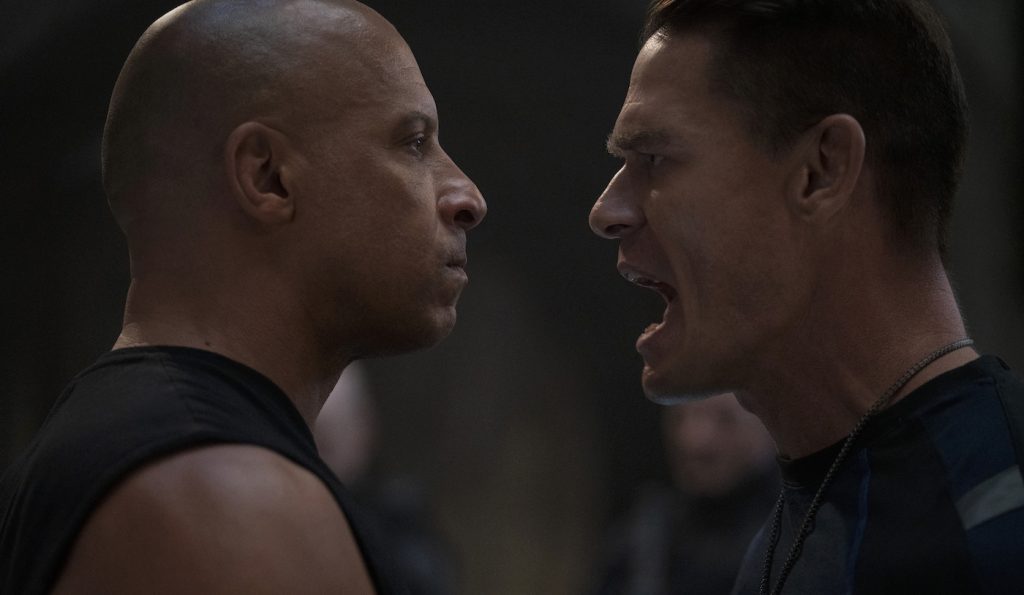 (from left) Dom (Vin Diesel) and Jakob (John Cena) in F9, directed by Justin Lin. Courtesy Universal Pictures.