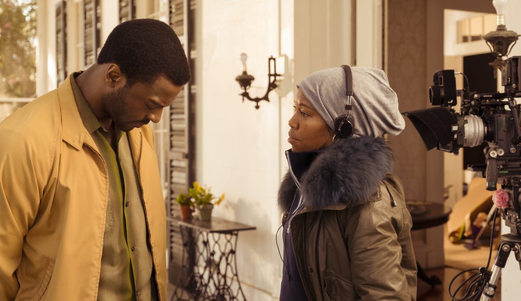 Aldis Hodge and Director Regina King on the set of ONE NIGHT IN MIAMI Photo: Patti Perret/Amazon Studios