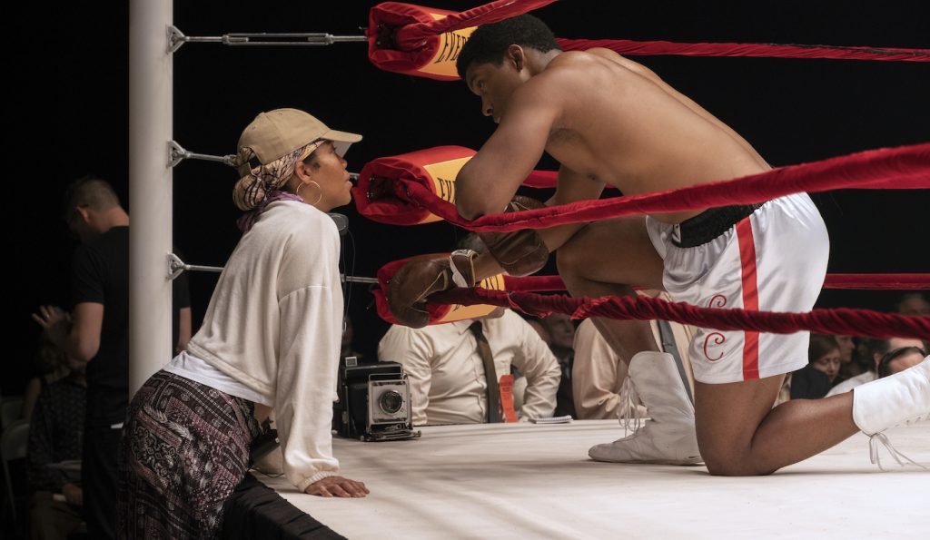 Director Regina King with Eli Goree on the set of ONE NIGHT IN MIAMI. Photo: Patti Perret/Amazon Studios