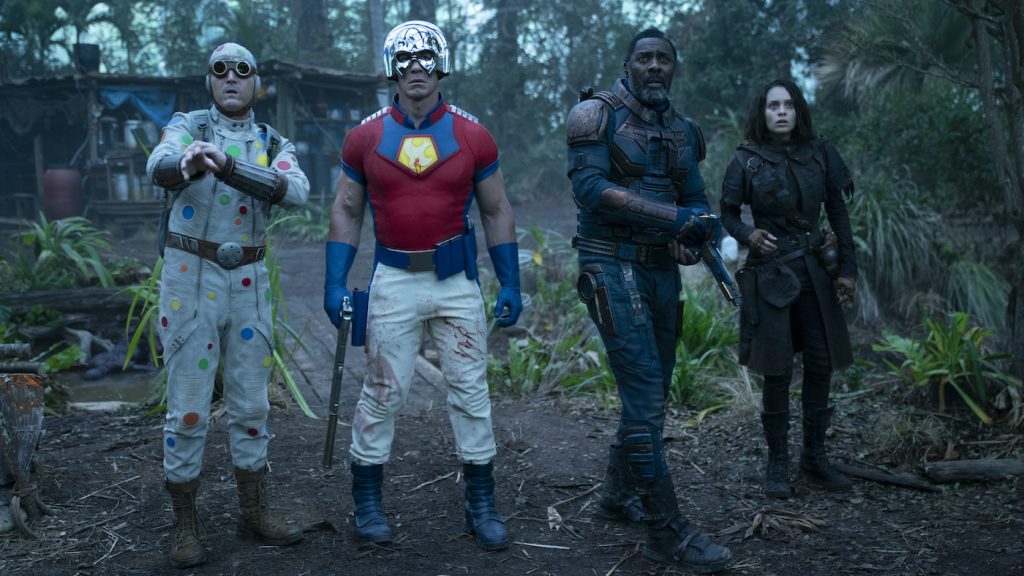 Caption: (L-r) DAVID DASTMALCHIAN as Polka Dot Man, JOHN CENA as Peacemaker, IDRIS ELBA as Bloodsport and DANIELA MELCHIOR as Ratcatcher 2 in Warner Bros. Pictures’ action adventure “THE SUICIDE SQUAD,” a Warner Bros. Pictures release. Photo Credit: Jessica Miglio/™ & © DC Comics