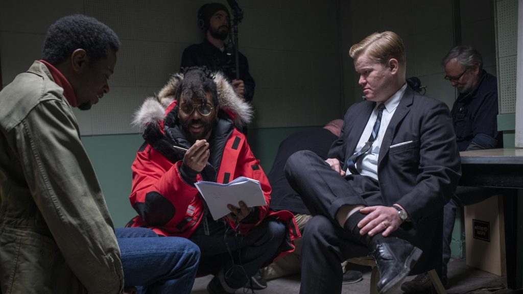 Caption: (L-r) LAKEITH STANFIELD, director SHAKA KING and JESSE PLEMONS on the set of Warner Bros. Pictures’ “JUDAS AND THE BLACK MESSIAH,” a Warner Bros. Pictures release. Photo Credit: Glen Wilson