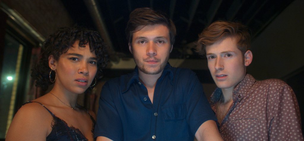 Alexandra Shipp as Julia, Nick Robinson as Ross Ulbricht, and Daniel David Stewart as Max in Silk Road. Photo Credit: Courtesy of Lionsgate