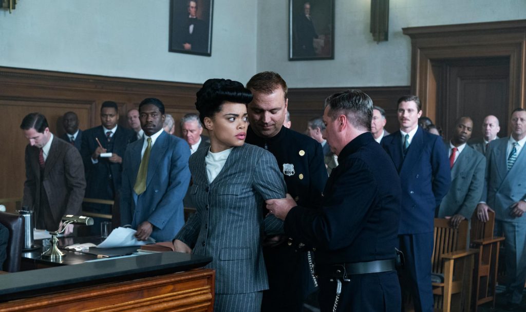 Trevante Rhodes, Andra Day, and Garrett Hedlund in THE UNITED STATES VS. BILLIE HOLIDAY from Paramount Pictures. Photo Credit: Takashi Seida.