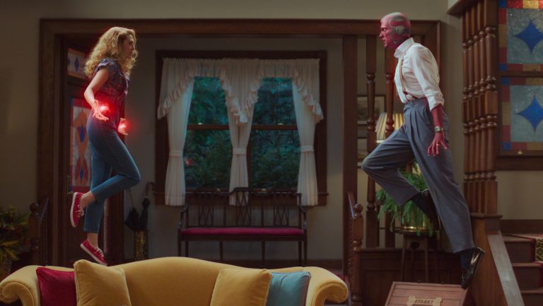 L-r: Elizabeth Olsen is Wanda and Paul Bettany is Vision in "WandaVision." Courtesy Marvel Studios