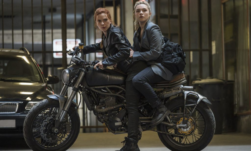 Scarlett Johansson as Black Widow/Natasha Romanoff and Florence Pugh as Yelena in Marvel Studios' BLACK WIDOW. Photo by Jay Maidment. ©Marvel Studios 2020. All Rights Reserved.