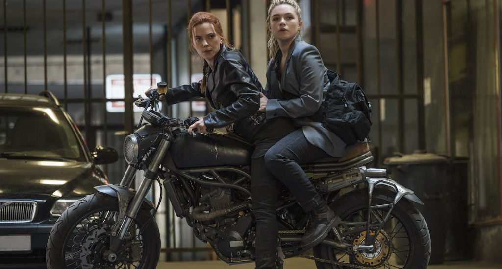 Scarlett Johansson as Black Widow/Natasha Romanoff and Florence Pugh as Yelena in Marvel Studios' BLACK WIDOW. Photo by Jay Maidment. ©Marvel Studios 2020. All Rights Reserved.