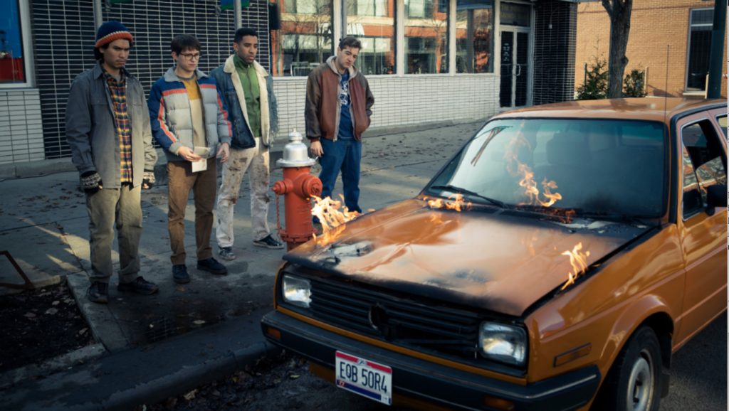 L-r: Forrest Goodluck, Tom Holland, Kyle Harvey and Michael Gandolfini in “Cherry,” premiering globally March 12, 2021 on Apple TV+.