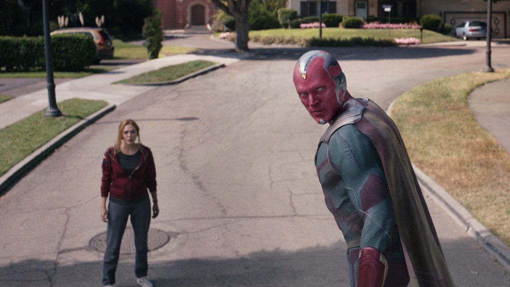 Elizabeth Olsen as Wanda and Paul Bettany as Vision in Marvel Studios' WandaVision. Courtesy Marvel Studios.